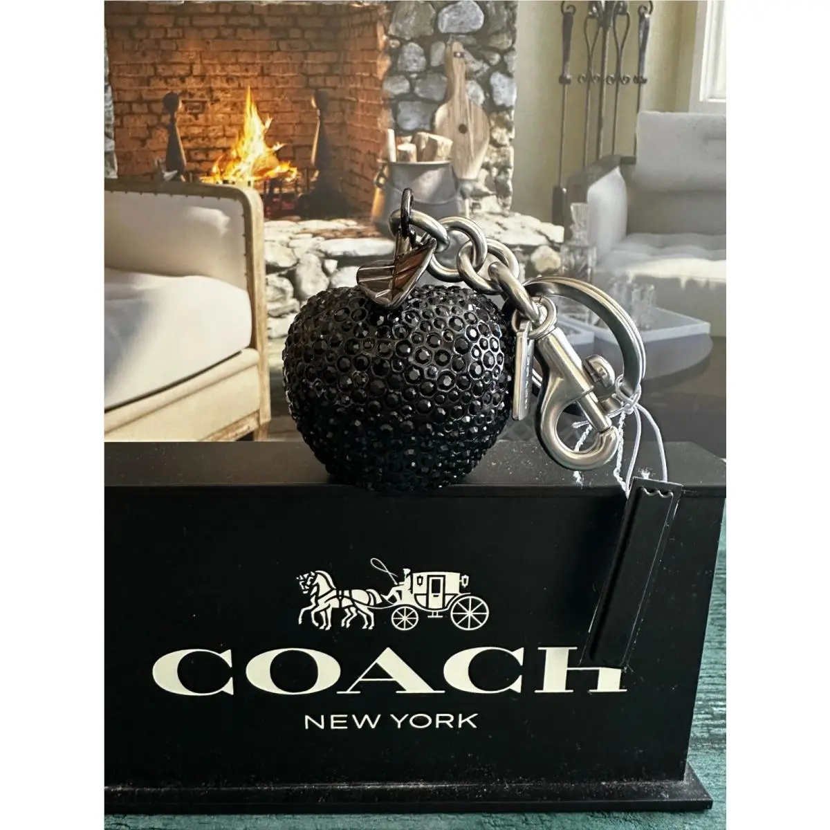 Coach Resin Crystal Apple Bag Charm Keychain Silver / Black CCD29