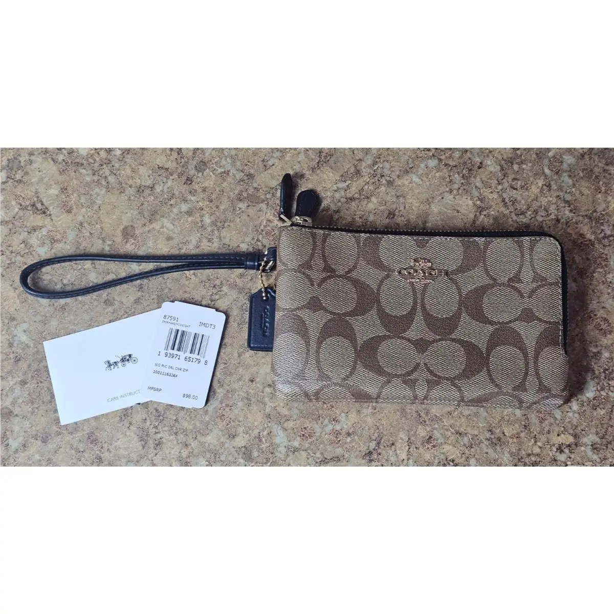Coach 87591 Double Corner Zip Wristlet Khaki / Midnight Wallet w/ Tags