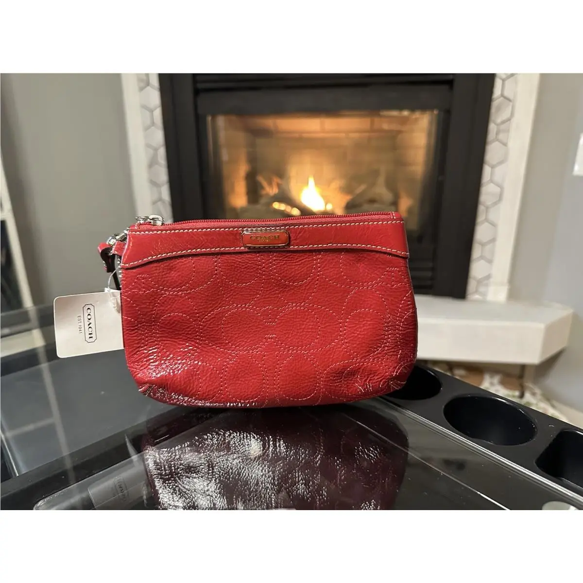 Coach Women’s Wristlet Red Patent Leather Small Purse Stitched C F47780