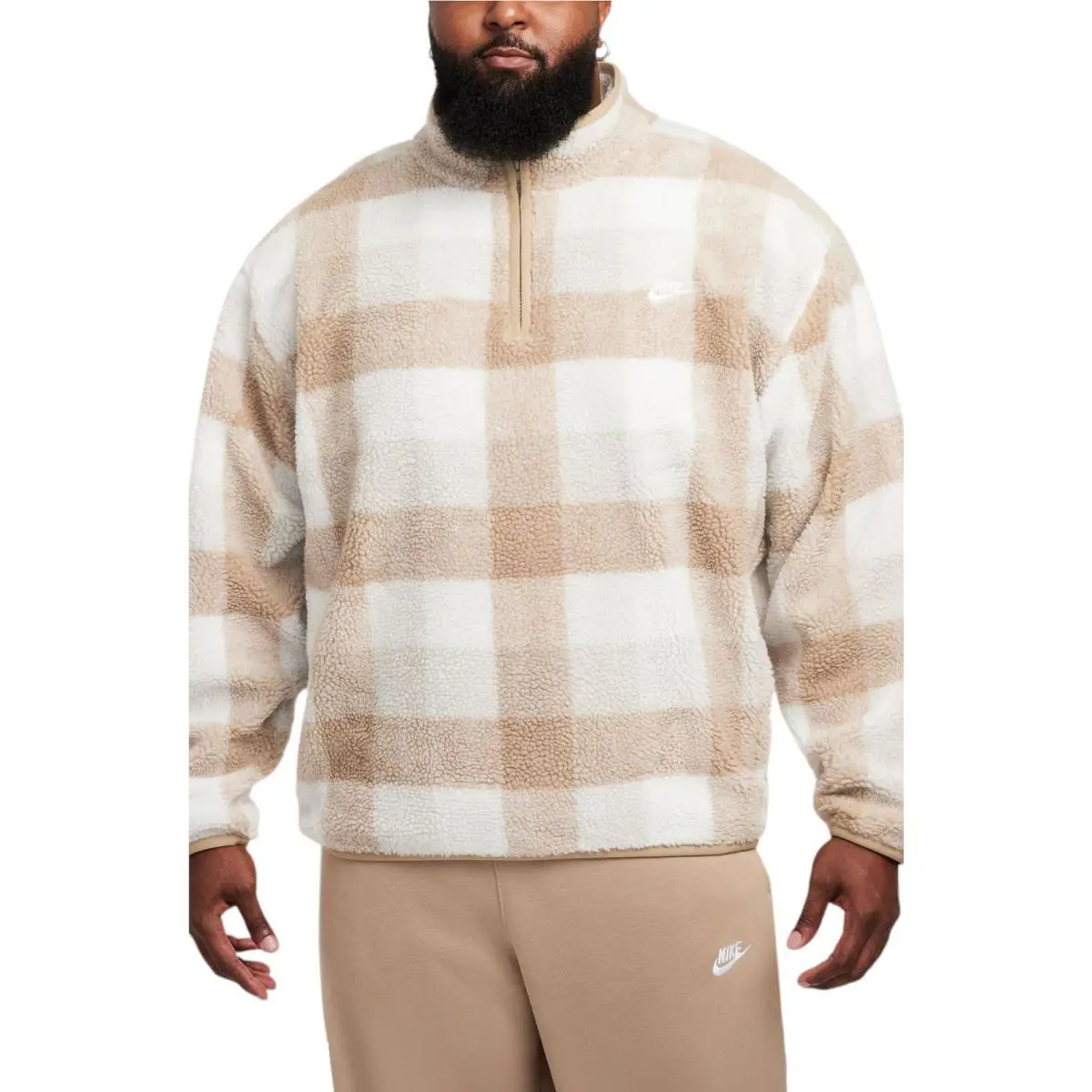 Nike Club Sweatshirt Men`s XL Khaki Sail Plaid Fleece Winterized 1/2 Zip DSGL342