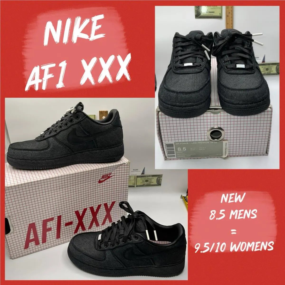 Nike Air Force 1 Low Premium ‘08 QS AF1 Xxx Black Denim Mens Sneakers 8.5