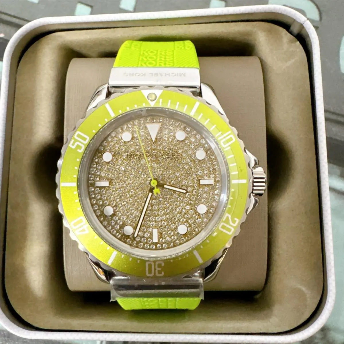 Michael Kors MK7360 Oversized Slim Everest Pavé Silver Embossed Silicone Watch