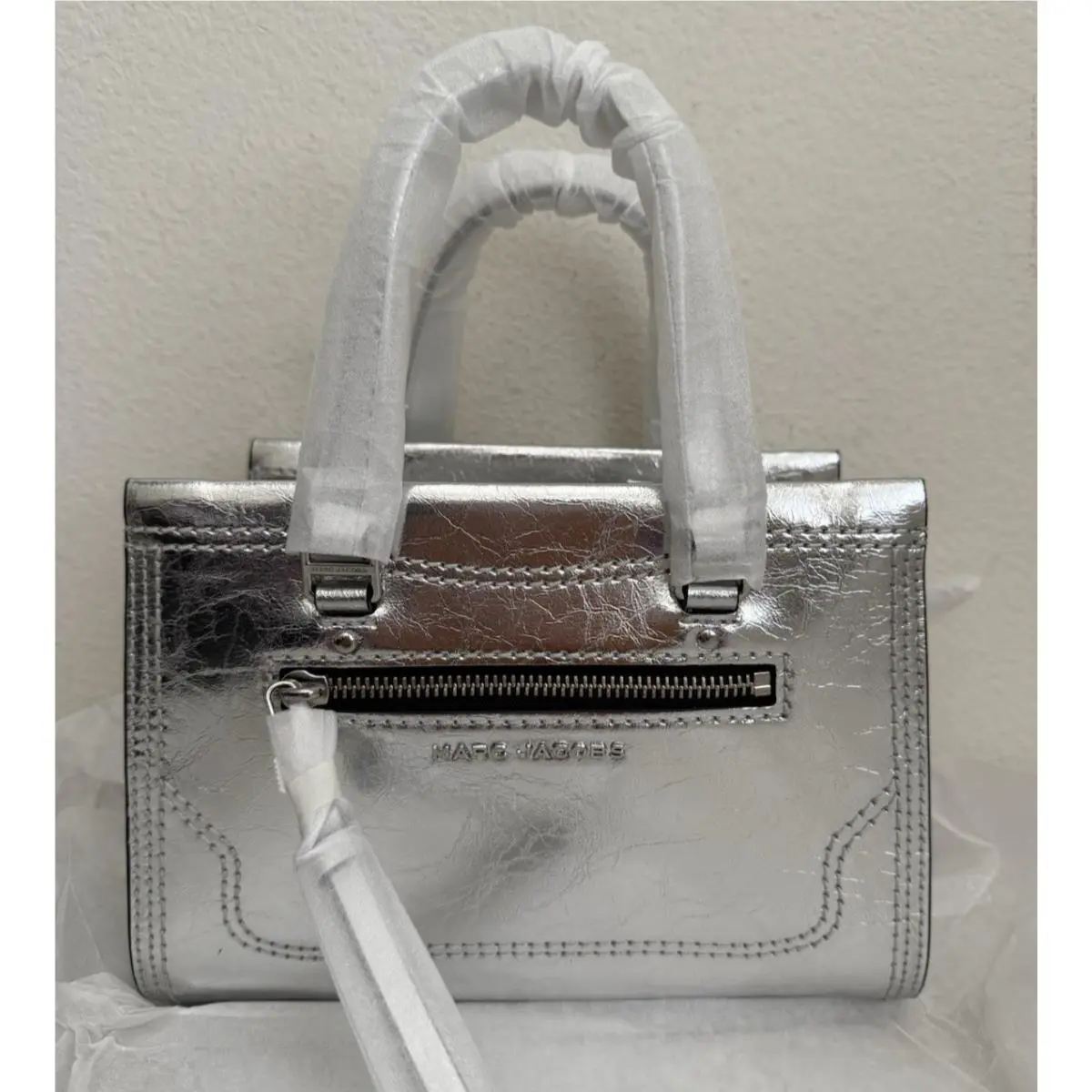 Marc Jacobs Small Crinkle Cruiser Metallic Satchel Bag Silver