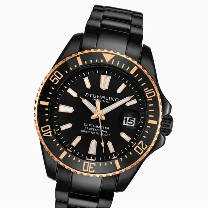 Stuhrling 3950 Men`s Depthmaster Quartz 42mm Diver Wrist Watch- Black by Stührling
