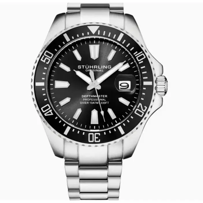 Stuhrling 3950 Men`s Depthmaster Quartz Diver Wrist Watch - Black Dial - Dial: Black, Band: Silver