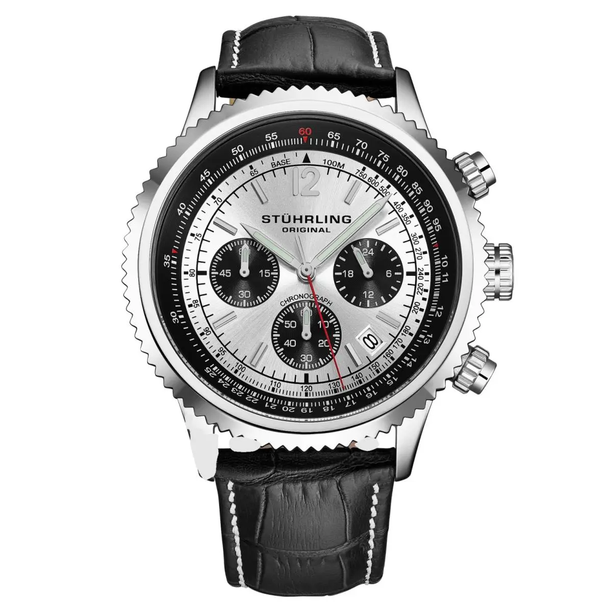 Stuhrling 4015 9 Quartz Chronograph Date Black Leather Strap Mens Watch