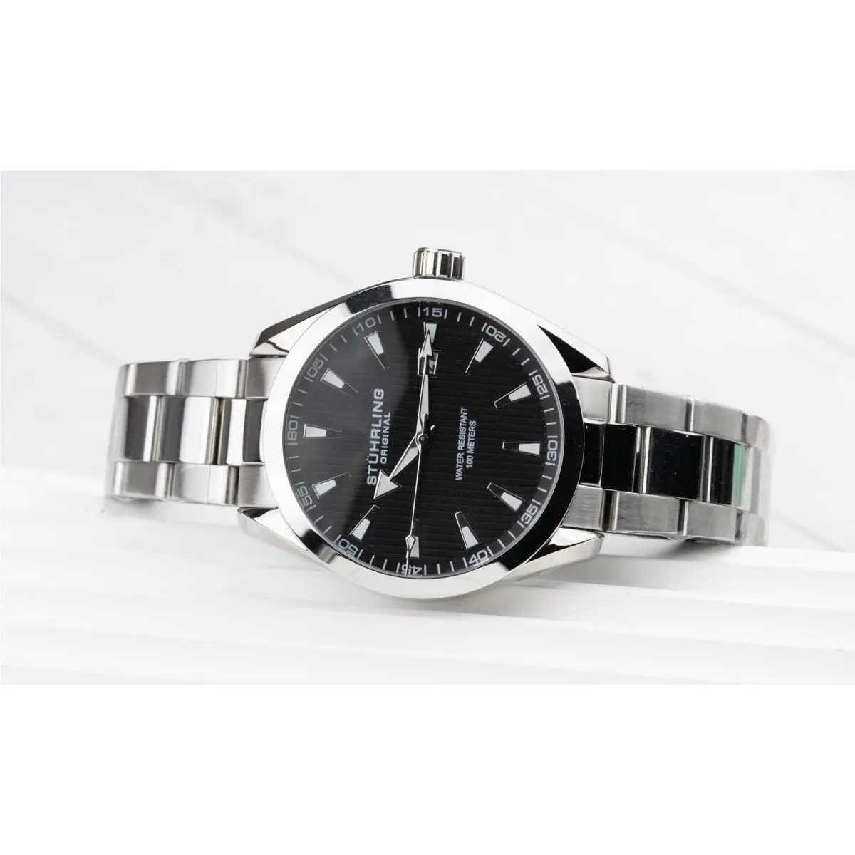 Stührling Symphony 42mm Men`s Date Watch Silver Stainless Black Dial - 1348b