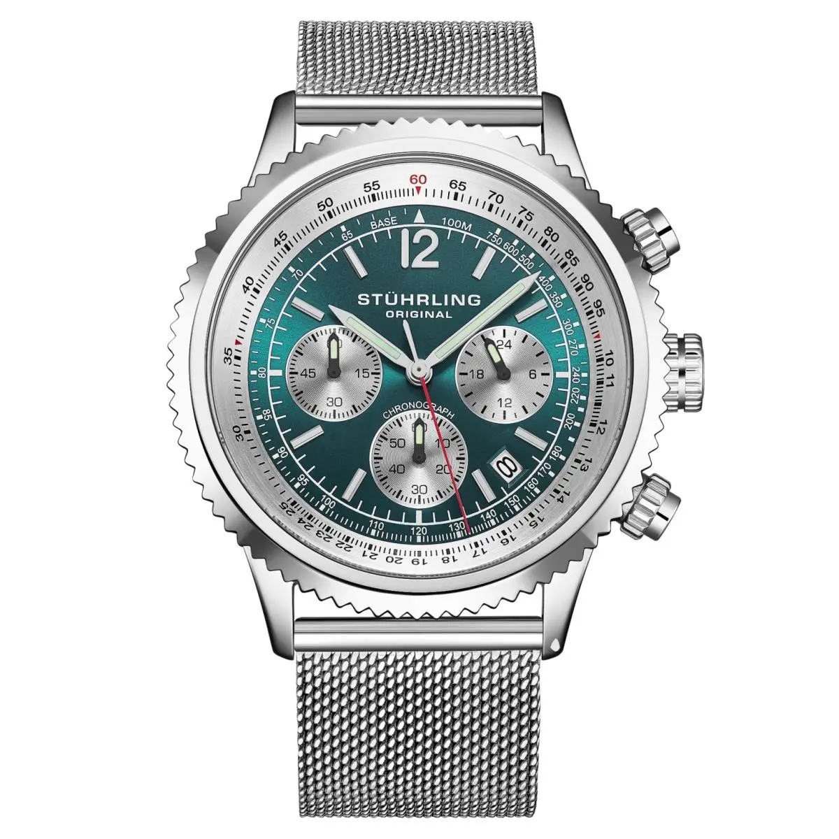 Stuhrling 4015 7 Quartz Chronograph Date Teal Blue Dial Mesh Bracelet Mens Watch