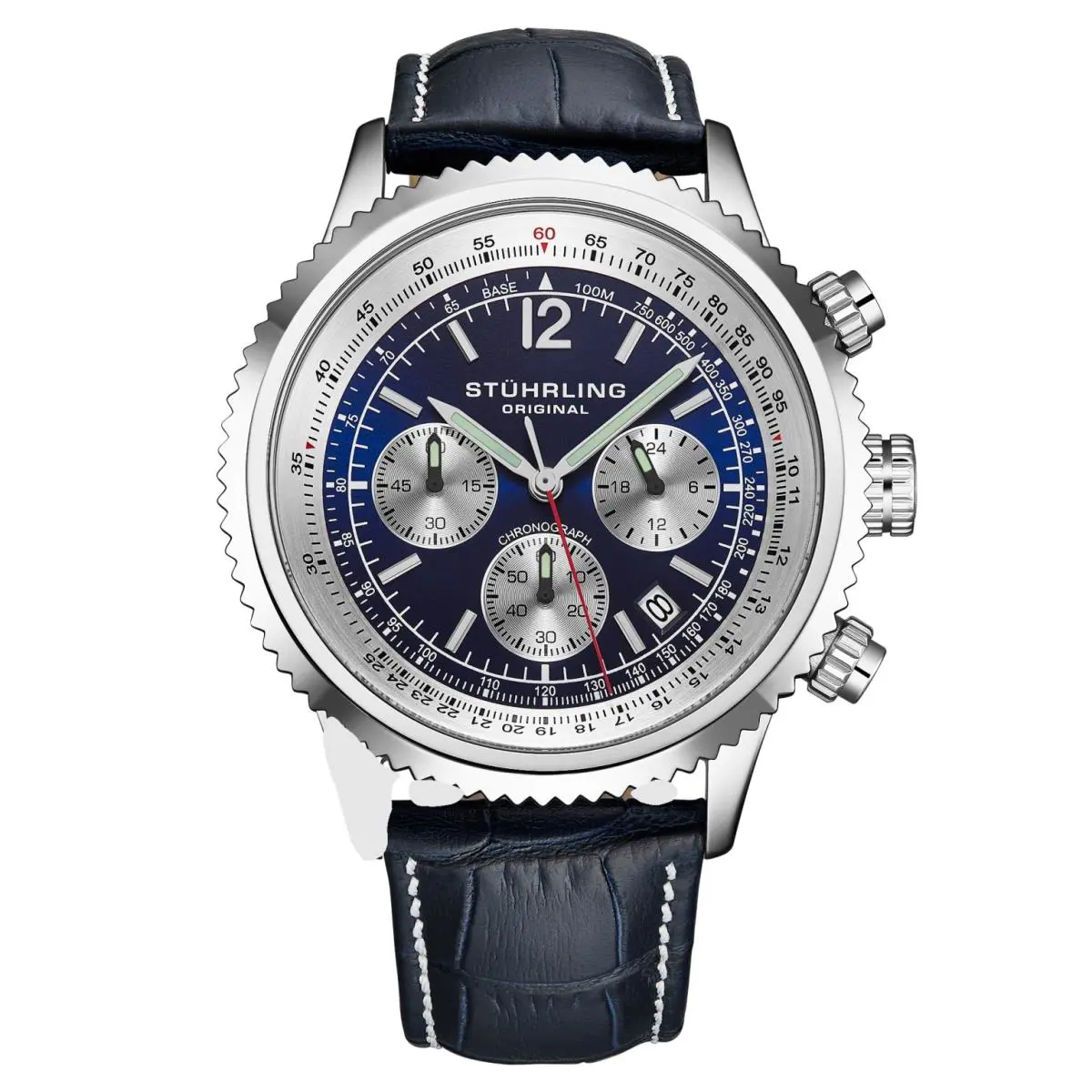 Stuhrling 4015 8 Quartz Chronograph Date Blue Dial Leather Strap Mens Watch
