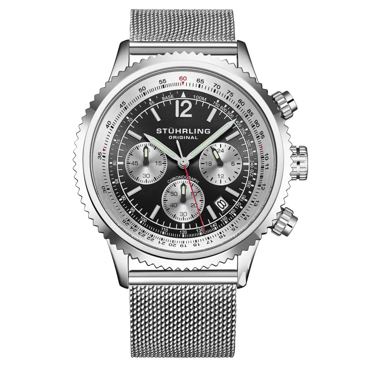 Stuhrling 4015 6 Quartz Chronograph Date Black Dial Mesh Bracelet Mens Watch