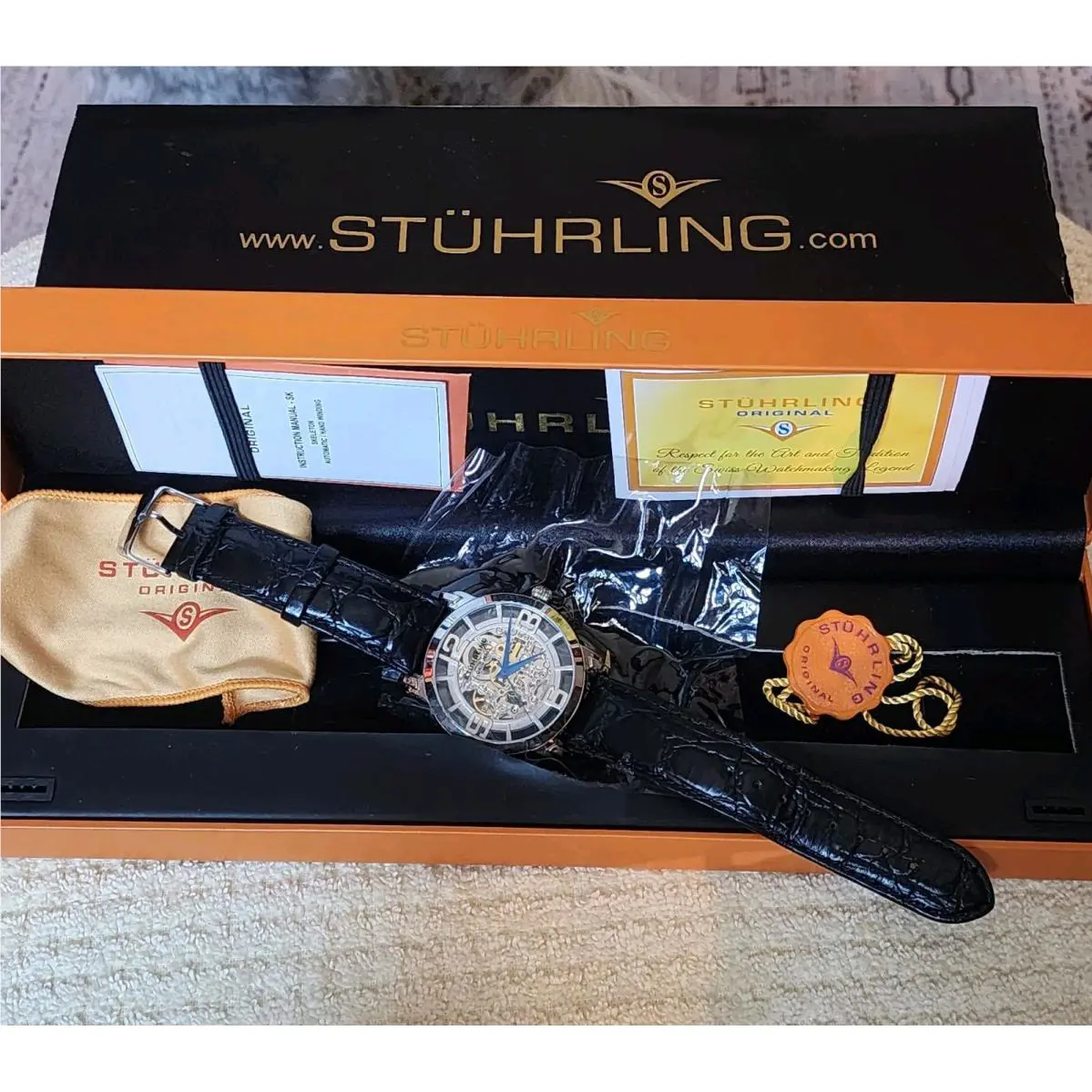 Stuhrling Automatic Cal ST 90089 Skeleton Watch Leather Band