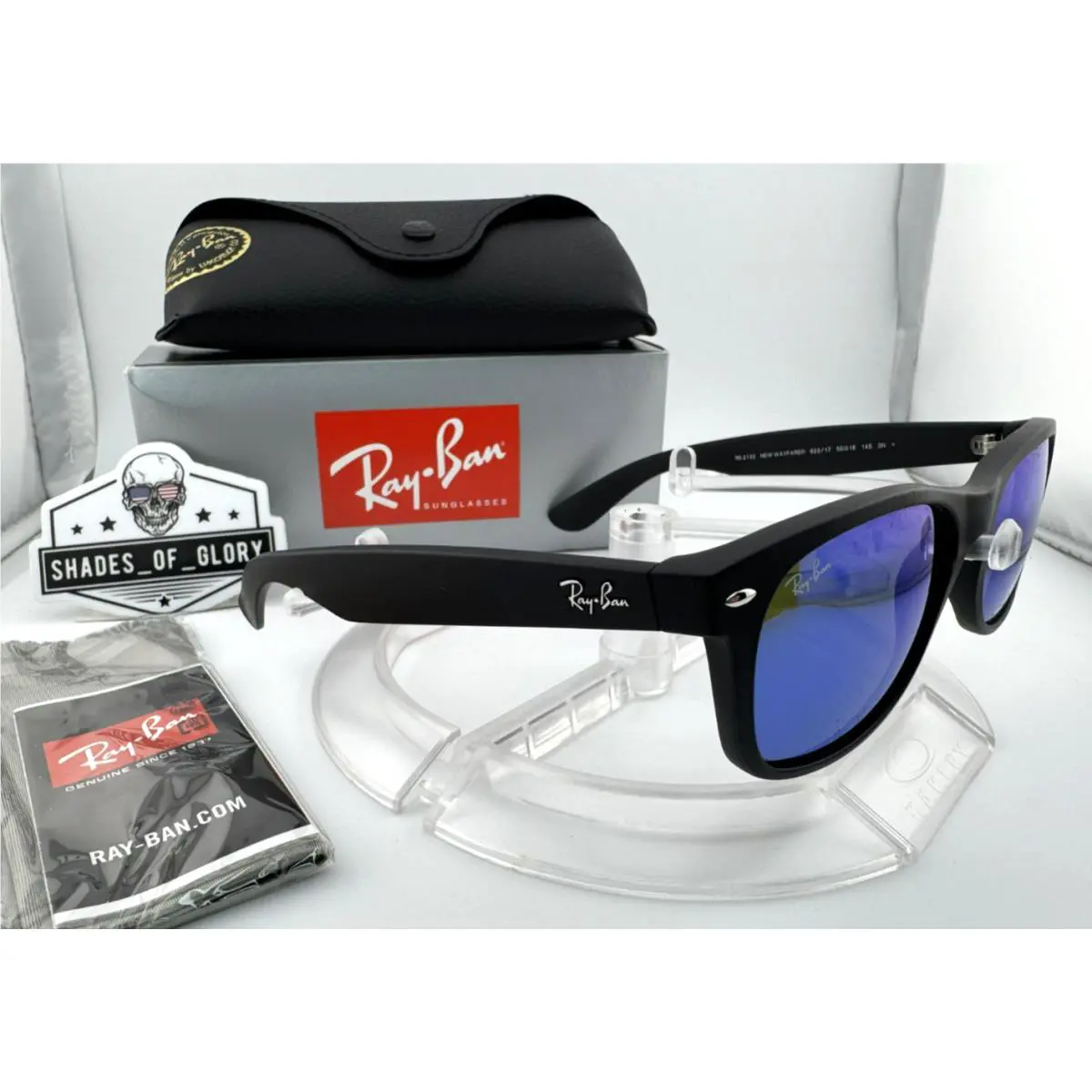 Ray-ban New Wayfarer Wayfarer RB2132 622/17 Rubber Black Blue Mirror Sunglasses 55MM