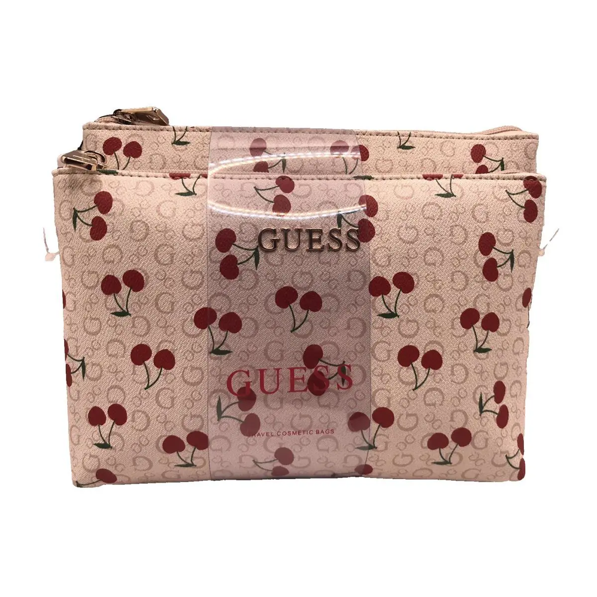 Women`s Set OF 2 Guess Tana Travel Pale Pink/red Cherries Cosmetic Bags