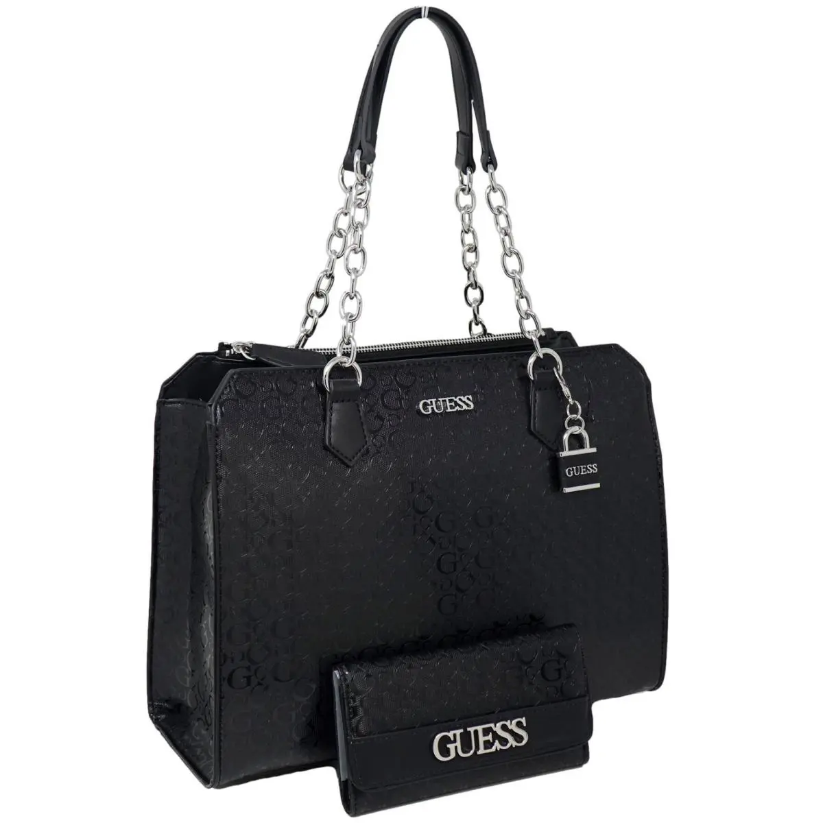 Guess Women`s Ellison Logo Debossed Satchel Tote Bag Handbag Wallet Set- Black