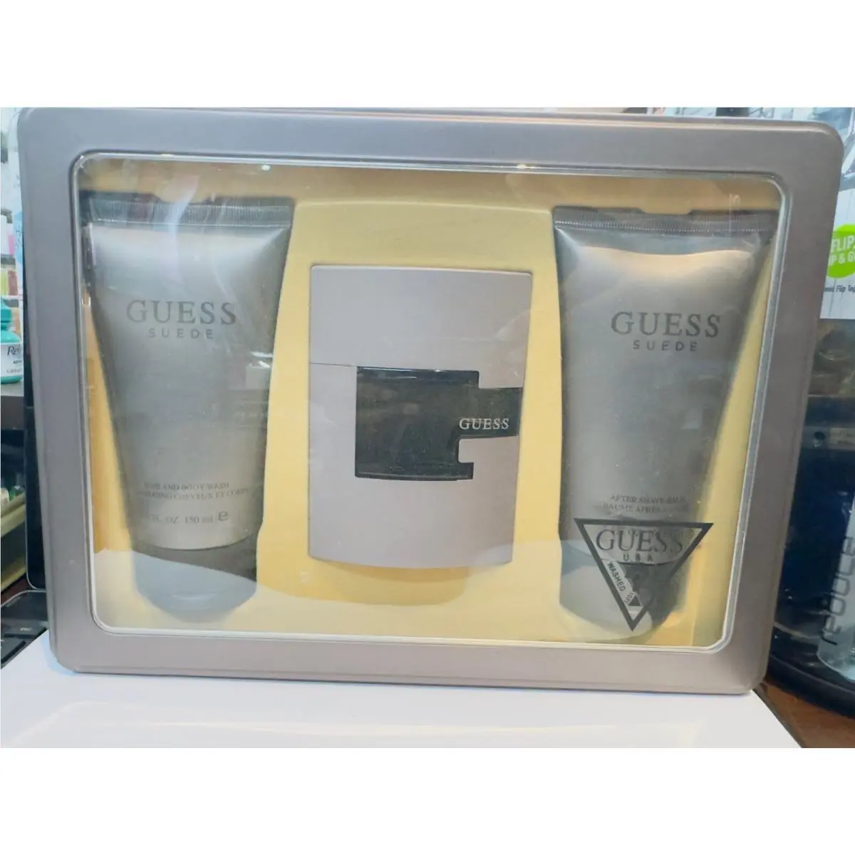 Guess Suede Cologne Set 2.5 oz Edt+ Body Wash 5 oz + Aftershave Balm 5 Oz. Real