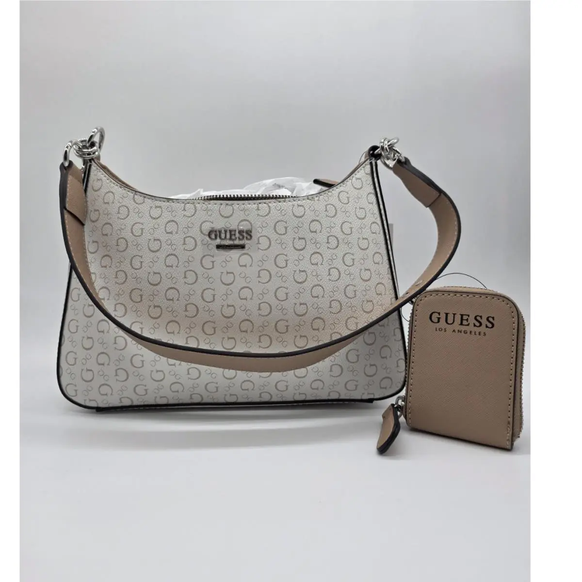 Guess Beige White Shoulder Bag Logo Silver Hardware Zip Coin Purse