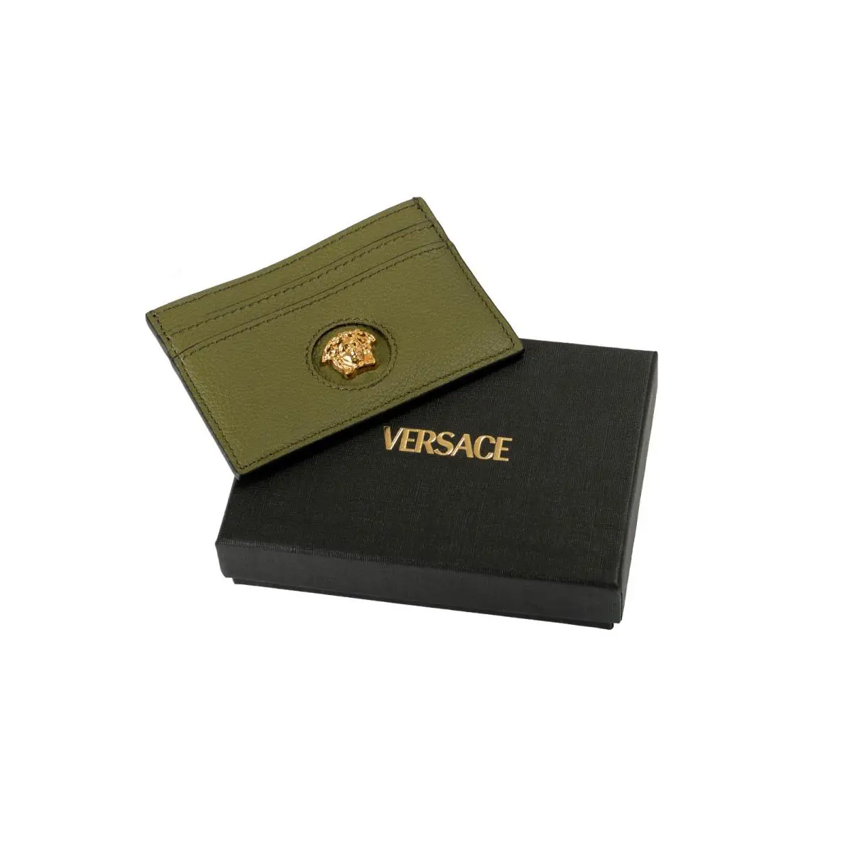 Versace Dark Olive Textured Leather Gold Medusa Card Case Holder