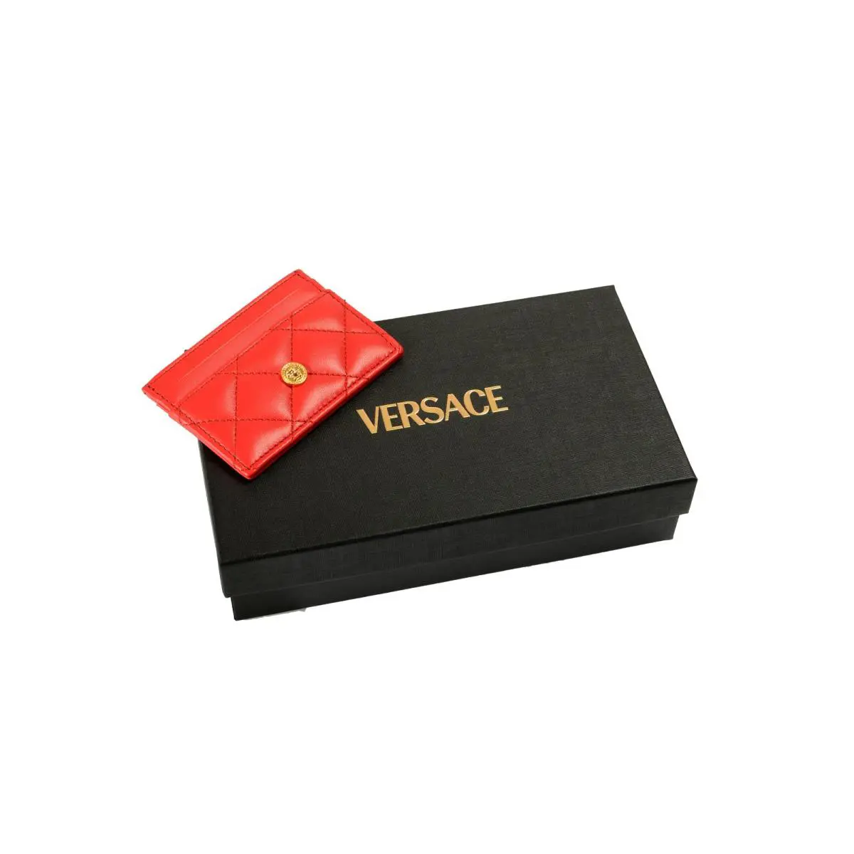 Versace True Red Quilted Leather Gold Medusa Card Case Holder