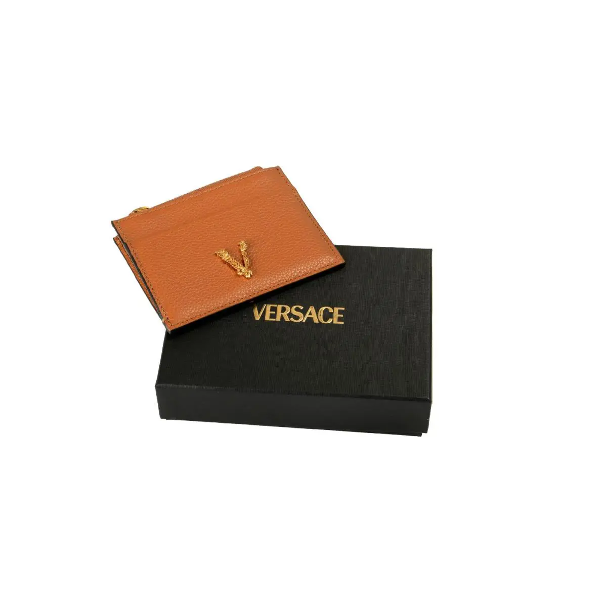 Versace Women`s Cognac Brown Textured Leather V-logo Card Case