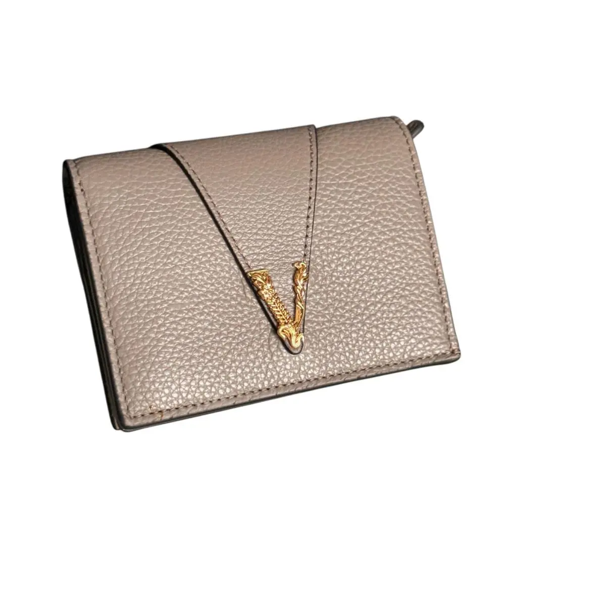 Versace Women`s Gray V Virtus Logo Gray Leather Card Case Compact Wallet