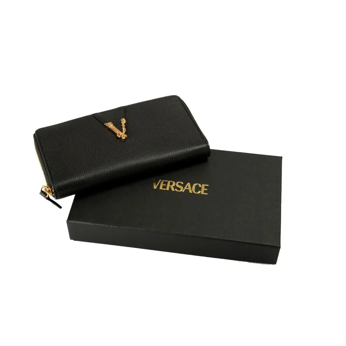 Versace Women`s Black Grainy Leather Gold V-logo Zip Around Wallet
