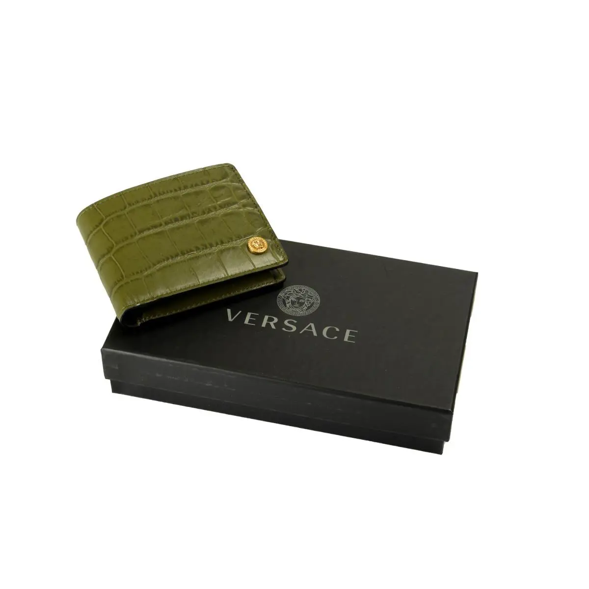 Versace Leather Croc Print Gold Medusa Head Bifold Wallet W/coin Pocket