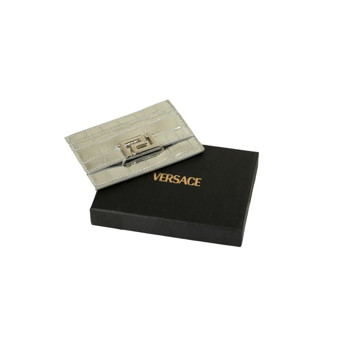 Versace Silver Croc Print Leather Silver Creeca Logo Card Case Holder