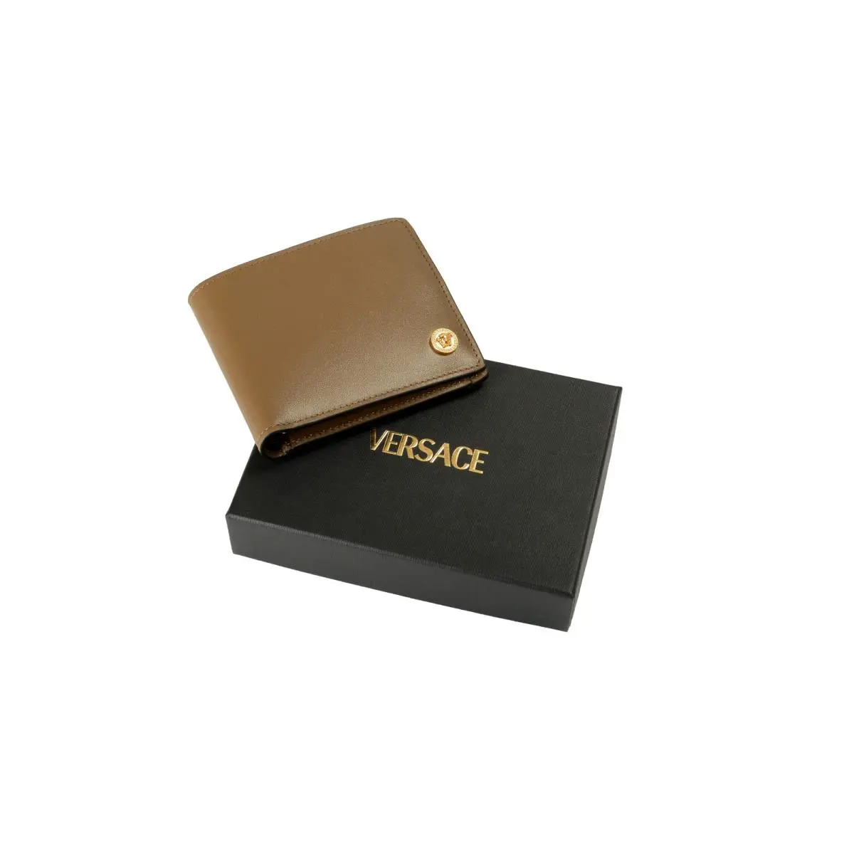 Versace Chestnut Leather Gold Medusa Head Bifold Wallet W/coin Pocket