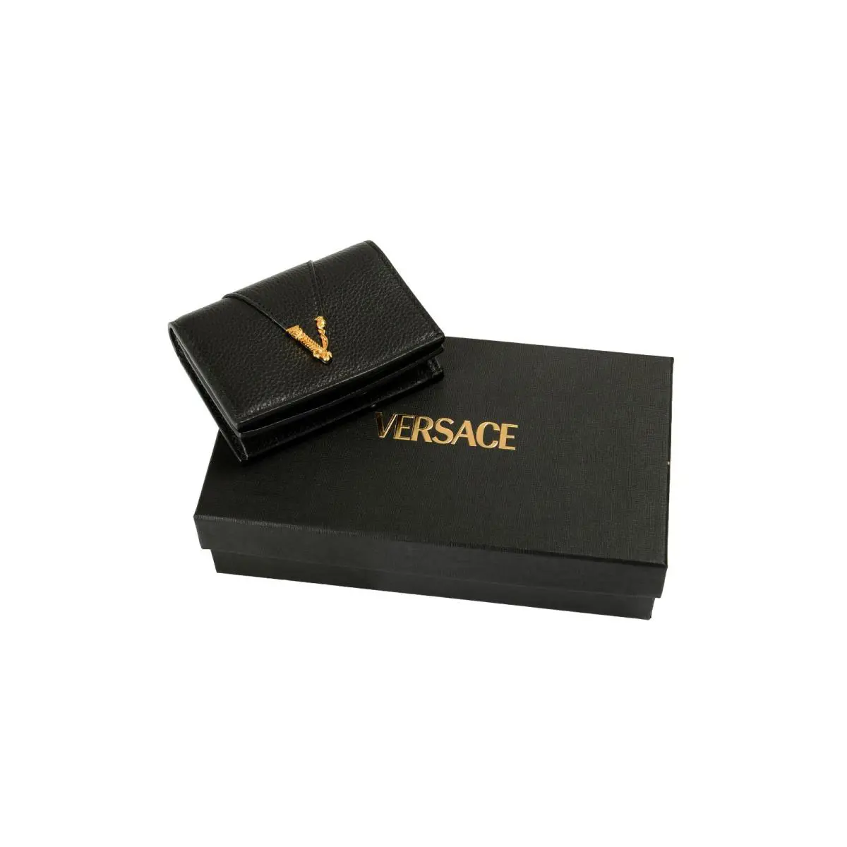 Versace Women`s Black Textured Leather Gold V-logo Compact Wallet