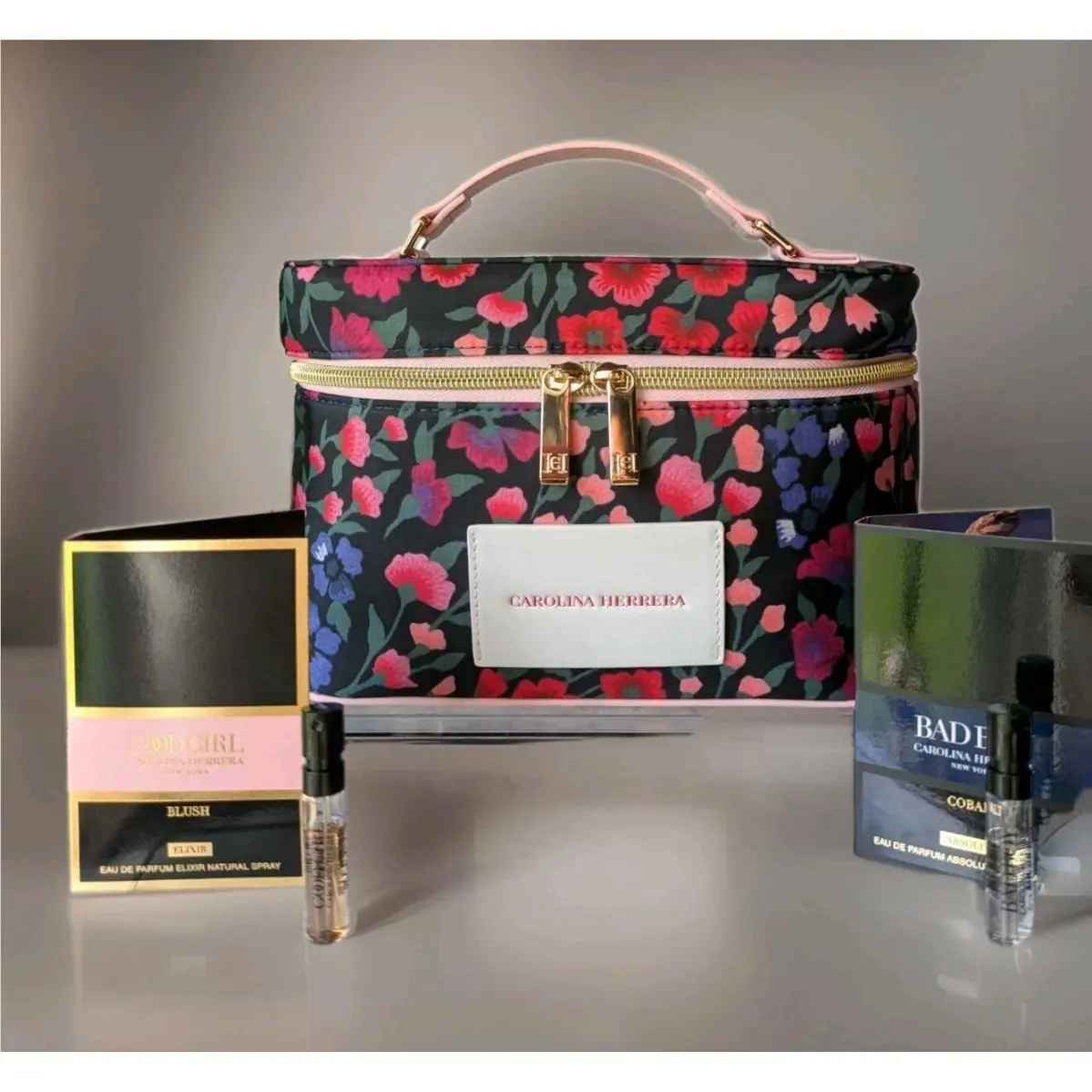 Carolina Herrera Floral Train Vanity Case Multicolor Fabric Top Handle + Samples