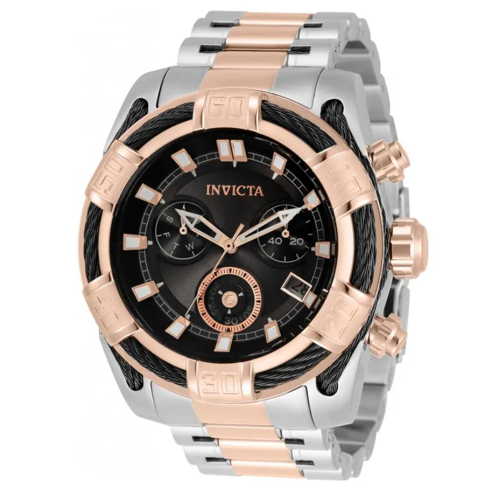 Invicta Bolt Men`s 51mm Two-tone Rose Gold Swiss Chronograph Watch 33302 - Dial: Black, Rose Gold, Band: Pink, Silver, Rose Gold, Bezel: Black, Rose Gold