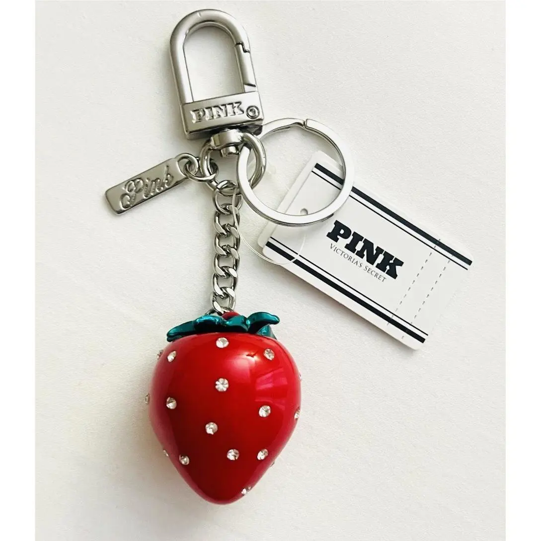 Victoria’s Secret Pink Strawberry Keychain Charm Rhinestone Red Fruit Bag Charm