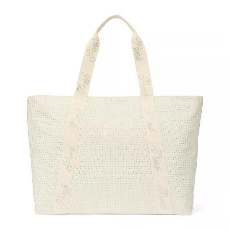 Victoria`s Secret Pink White Sparkle Bling Tote Bag Travel Lounge Rhinestone