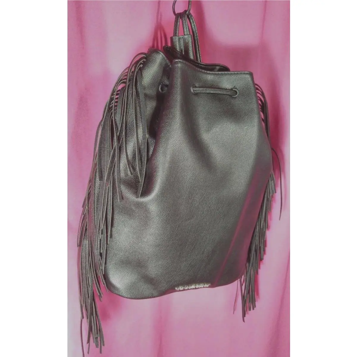 Victoria`s Secret Black Leatherette Back Pack Style W/ Fringe Purse Sack