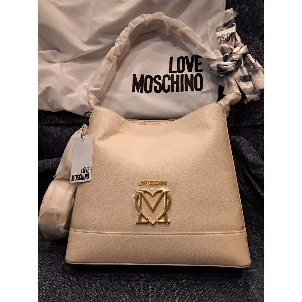 Love Moschino Women`s Off White Hobo Shoulder Bag with Scarf
