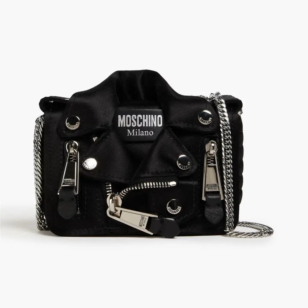 Moschino Biker Embellished Satin Shoulder Bag Black