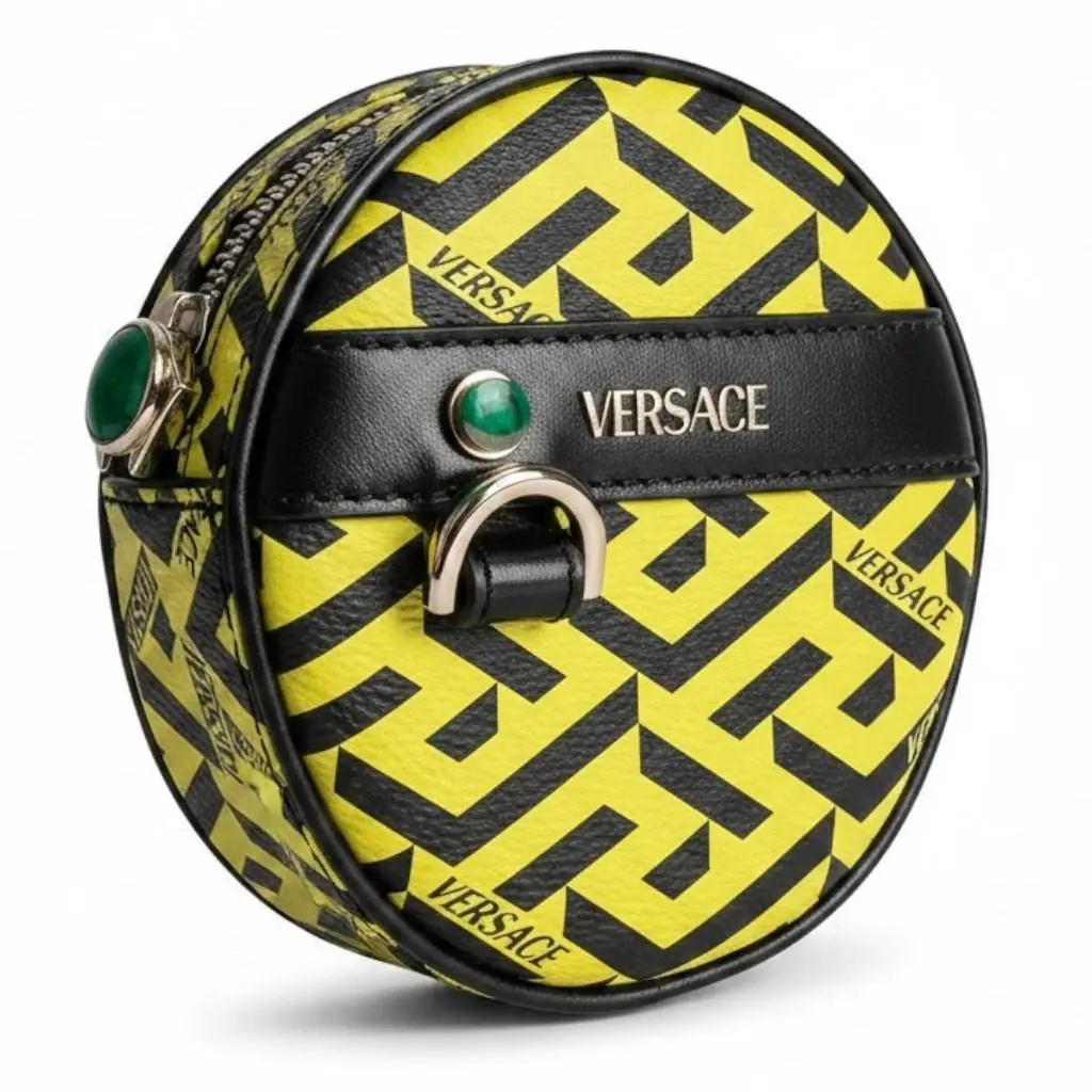 Bright Yellow La Greca Round Pouch Coin Cosmetic Belt Bag Retail by Versace