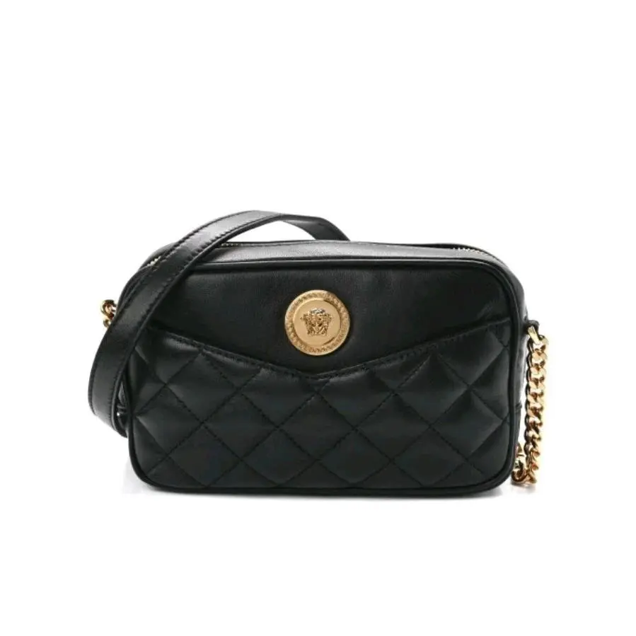 Versace Nappa Quilted Medusa Evening Bag Black Gold Crossbody Italy Small