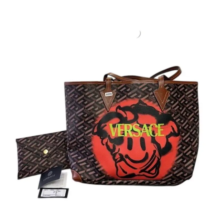Versace La Greca Medusa Smiley Tote Bag Monogram Canvas Shopper Set Brown