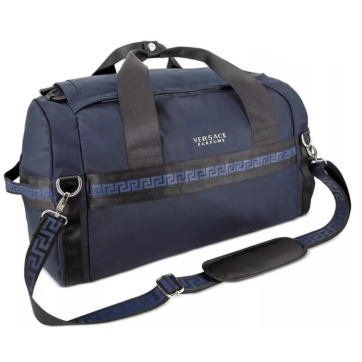 Versace Fragrances Dark Blue Duffle Silver Tone Zipper Travel Overnight Bag