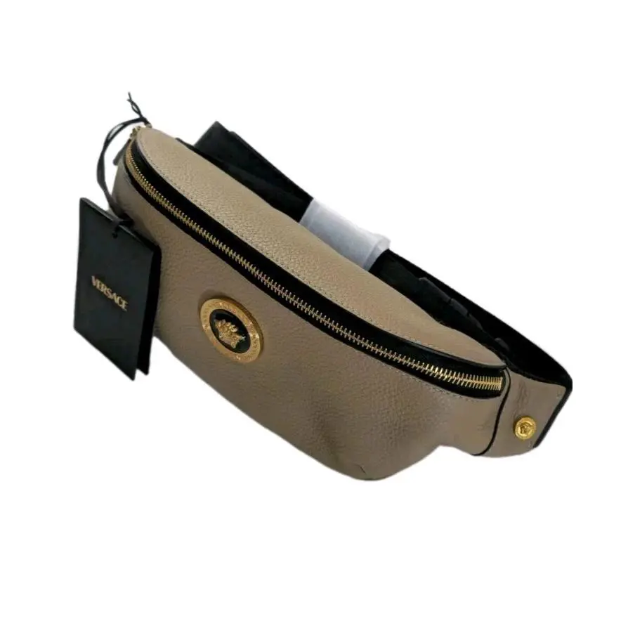 Versace Logo Medusa Belt Bag Natural Beige Gold Logo Leather