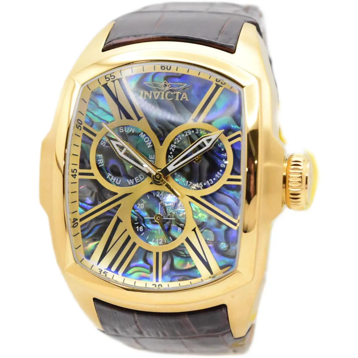 Invicta Lupah Abalone Dial Mens 47mm Gmt Day/date Quartz Watch 35193 Brown Strap - Dial: Black, Blue, Gold, Green, Multicolor, Yellow, Band: Brown, Bezel: Gold, Yellow