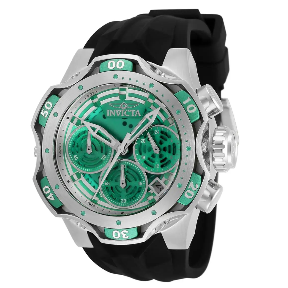 Invicta Venom Women`s 44mm Sea Foam Green Dial Quartz Chronograph Watch 33641 - Dial: Green, White, Band: Black, Bezel: Green, Silver