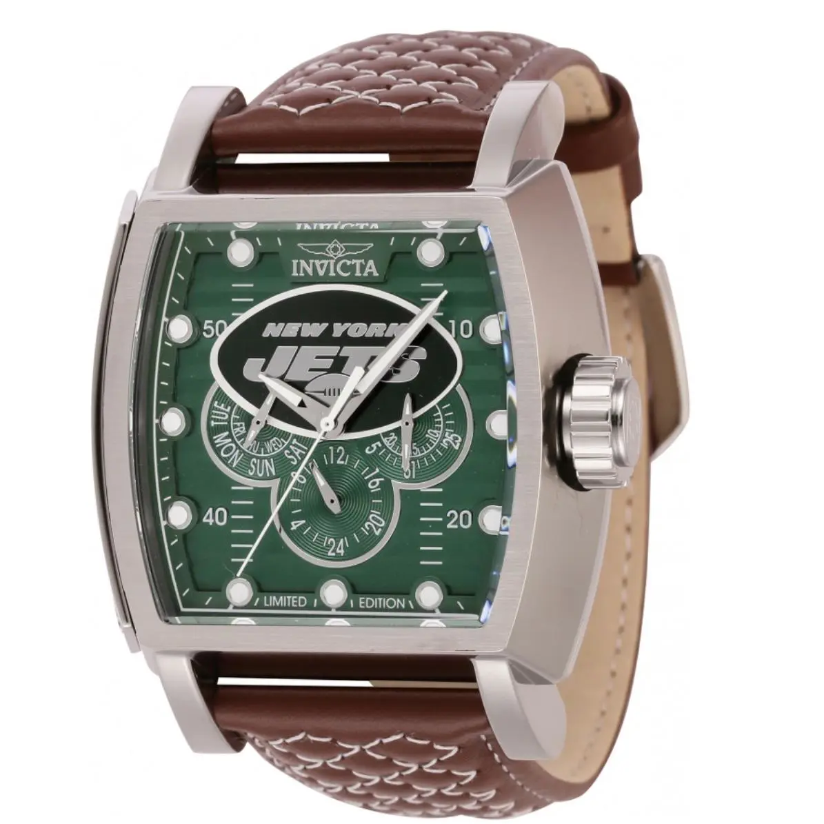 Invicta S1 Rally Nfl York Jets Men`s 48mm Limited Edition Watch 45088 - Dial: Green, Multicolor, Silver, White, Band: Brown, Bezel: Silver