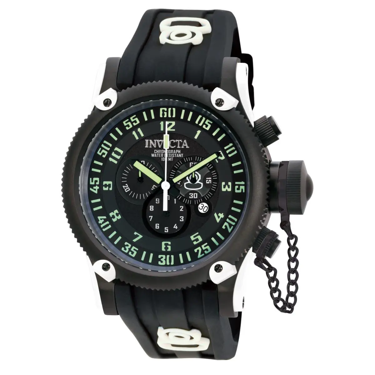 Invicta Russian Diver White Black Men`s 52mm Swiss Chronograph Watch 10182 - Dial: Black, Green, White, Band: Black, Bezel: Black