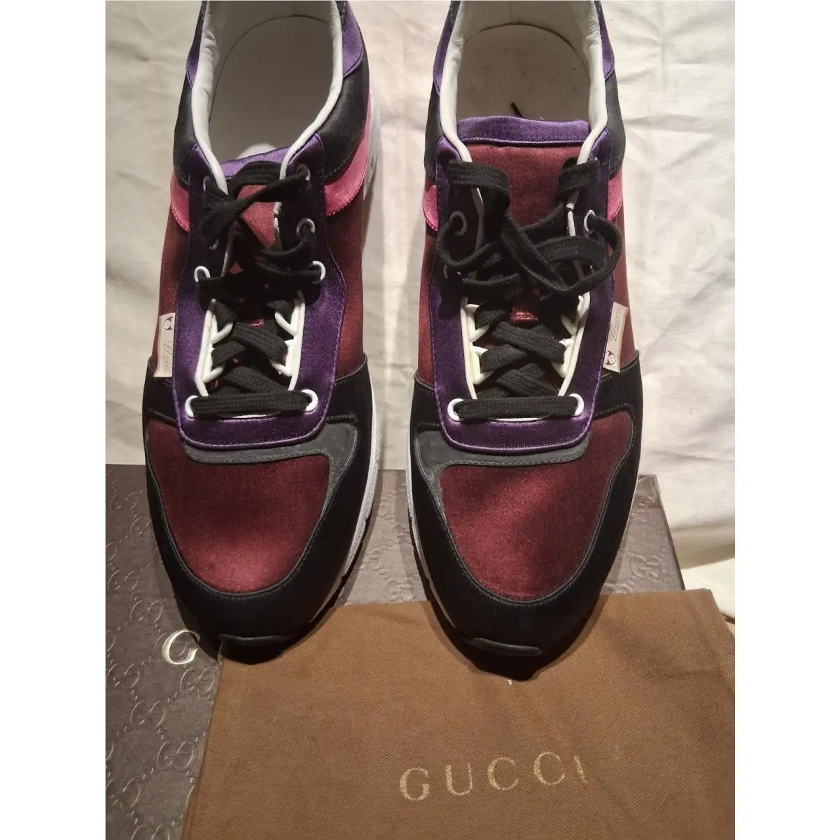 Gucci 3366 Multicolor Black Burgundy Gucci Logo Satin Sneakers Trainers 13.5