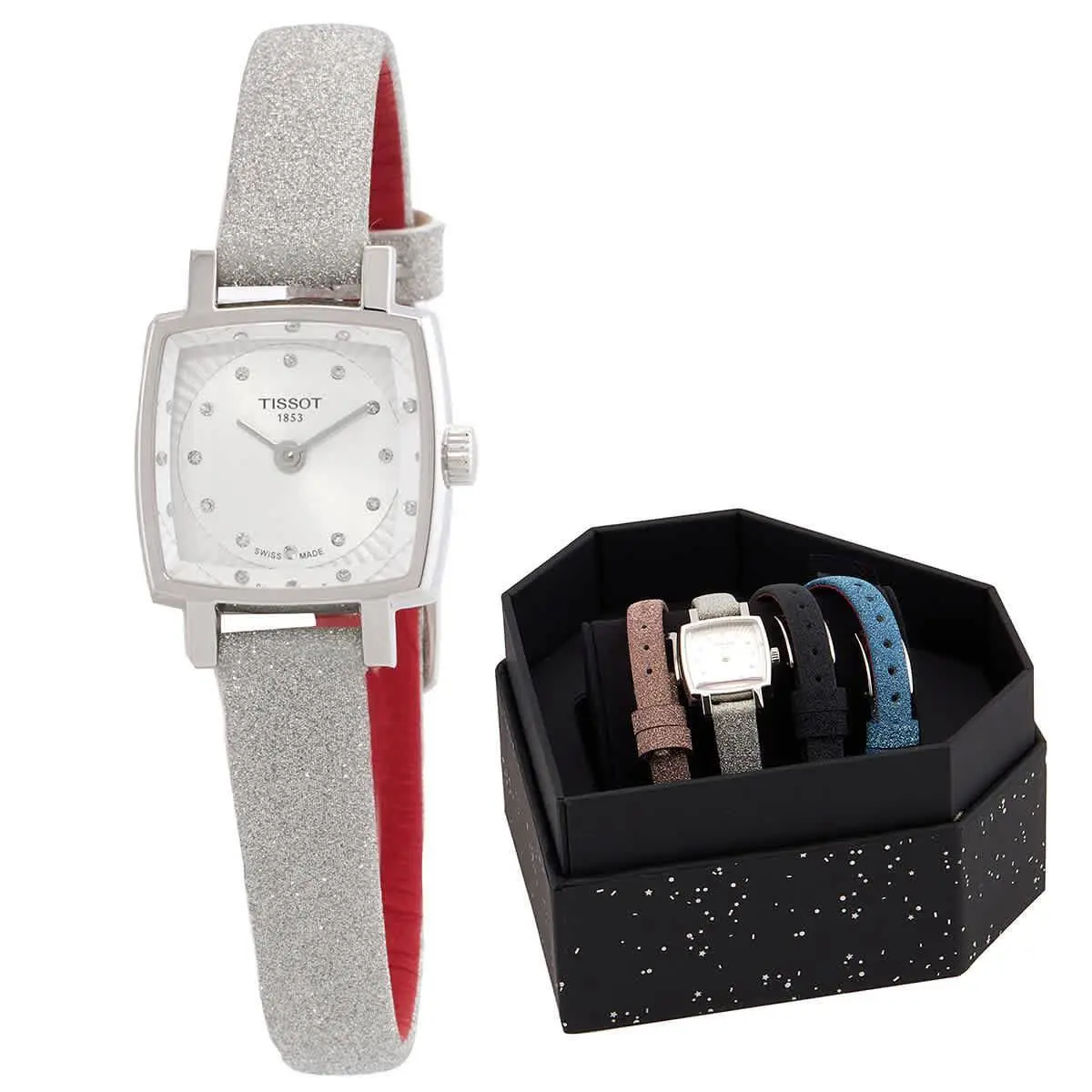 Tissot Lovely Square Festive Kit Quartz Diamond Silver Dial Ladies Watch - Dial: Silver, Bezel: Silver-tone