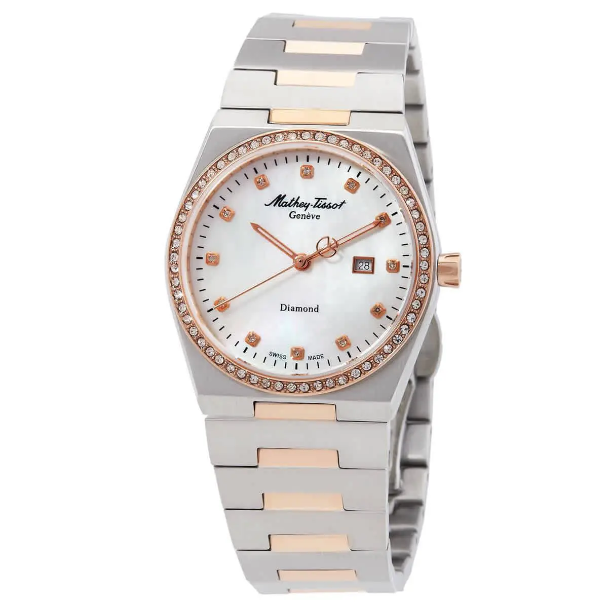 Mathey-tissot Zeus Lady Diamond Quartz White Dial Watch D118SBI - Dial: White, Band: Two-tone (Silver-tone and Rose Gold-tone), Bezel: Silver-tone