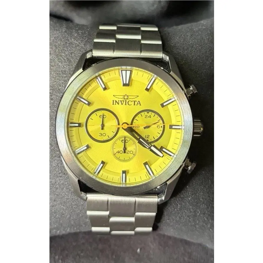Invicta Men`s Chronograph Wristwatch Yellow Dial Silver Steel Band Box