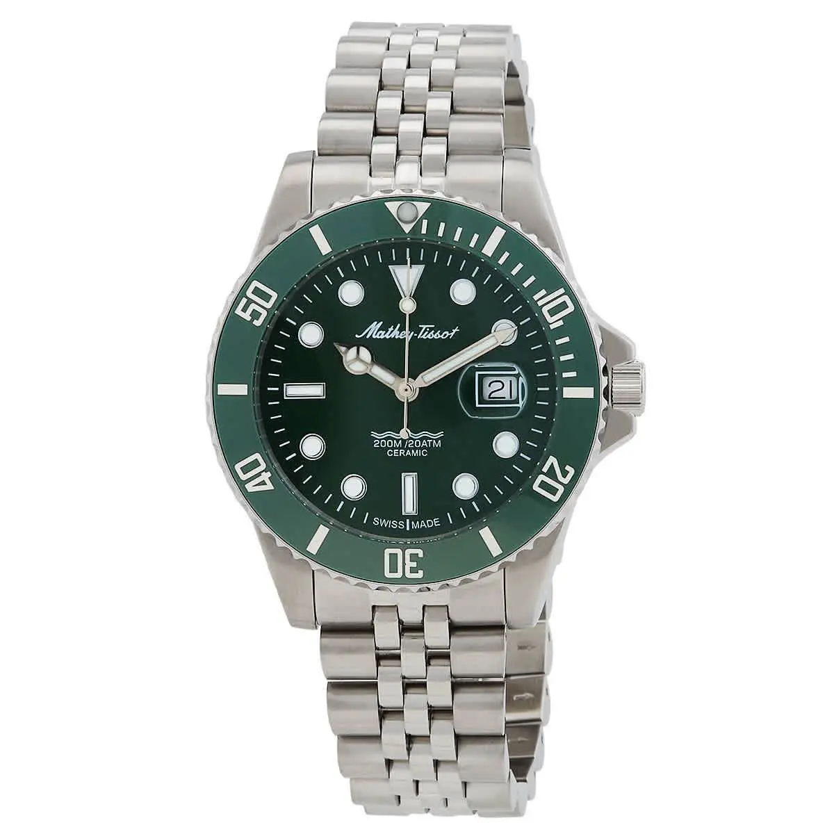 Mathey-tissot Mathy Ceramic Quartz Green Dial Men`s Watch H901CRAV - Dial: Green, Band: Silver-tone, Bezel: Silver-tone